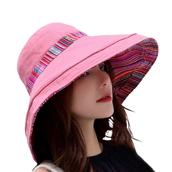 ZHENHONG Bucket Hats for Women Wide Brim Double Sided Floppy Hat Foldable Ethnic Wind Travel Sunscreen Sun Beach Hat Pink