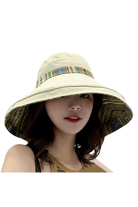 Bucket Hats for Women Wide Brim Double Sided Floppy Hat Foldable Ethnic Wind Travel Sunscreen Sun Beach Hat Beige