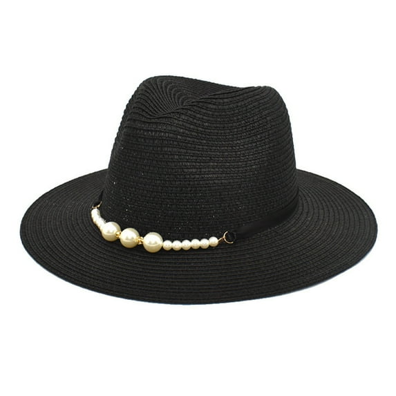 ZHENHONG Bucket Hats for Women Sunscreen Pearl Accessories Sun Hat Flat Retro Straw Hat Casual Plain Headwear Black