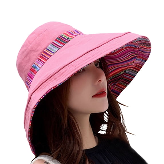 ZHENHONG Bucket Hats for Women Wide Brim Double Sided Floppy Hat Foldable Ethnic Wind Travel Sunscreen Sun Beach Hat Pink