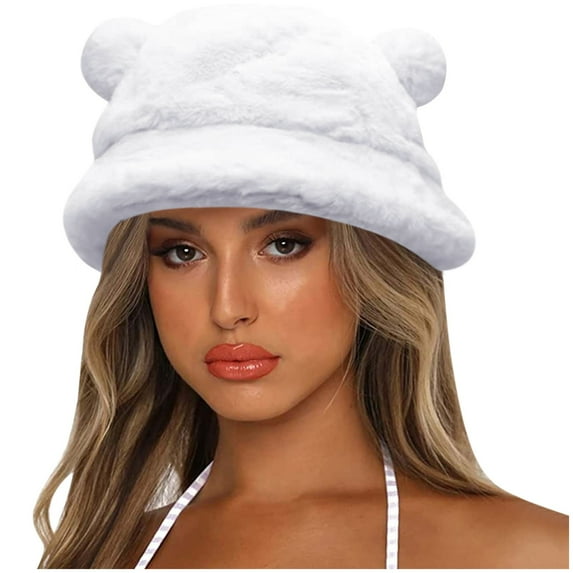 ZHENHONG Bucket Hats for Women and Men Cute Bear Ear Basin Hat Thick Warm Hat Casual Solid Color Headwear White