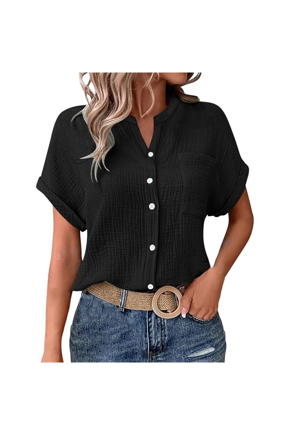 Button Down Shirts for Women,Casual Solid Batwing Sleeve Pocket Tees Double Layer Wrinkled Fabric Button Down Shirt,Black Women Blouses