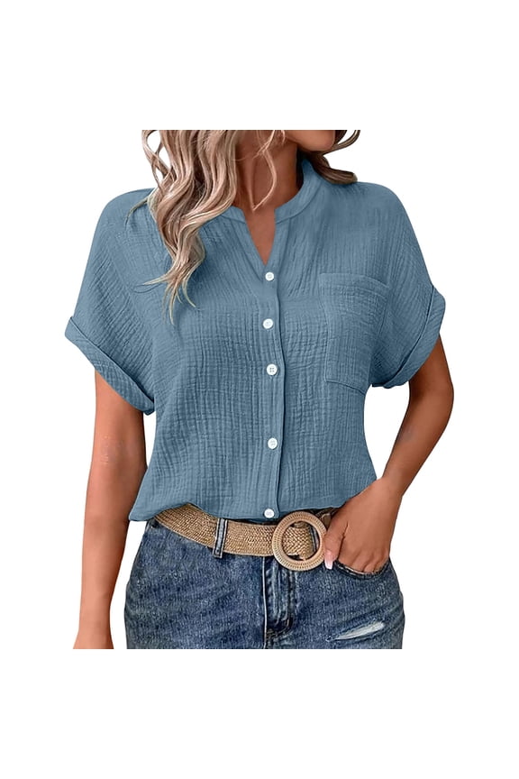 Button Down Shirts for Women,Casual Solid Batwing Sleeve Pocket Tees Double Layer Wrinkled Fabric Button Down Shirt,Blue Women Blouses