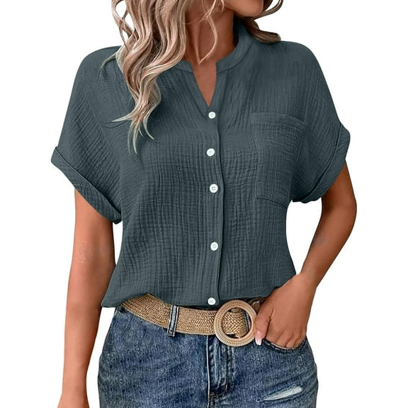 ZHENHONG Button Down Shirts for Women,Casual Solid Batwing Sleeve Pocket Tees Double Layer Wrinkled Fabric Button Down Shirt,Gray Women Blouses