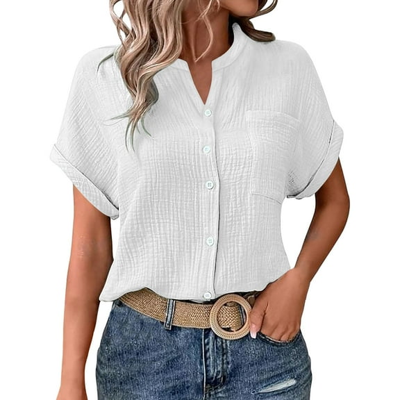 ZHENHONG Button Down Shirts for Women,Casual Solid Batwing Sleeve Pocket Tees Double Layer Wrinkled Fabric Button Down Shirt,White Women Blouses
