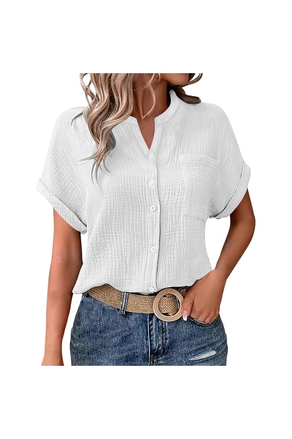 Button Down Shirts for Women,Casual Solid Batwing Sleeve Pocket Tees Double Layer Wrinkled Fabric Button Down Shirt,White Women Blouses