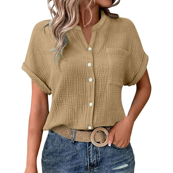 ZHENHONG Button Down Shirts for Women,Casual Solid Batwing Sleeve Pocket Tees Double Layer Wrinkled Fabric Button Down Shirt,Yellow Women Blouses