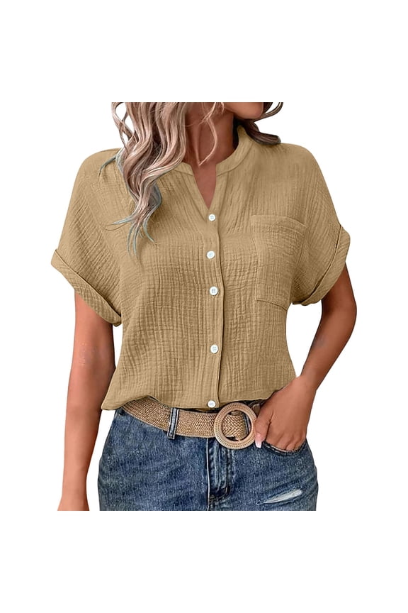 Button Down Shirts for Women,Casual Solid Batwing Sleeve Pocket Tees Double Layer Wrinkled Fabric Button Down Shirt,Yellow Women Blouses