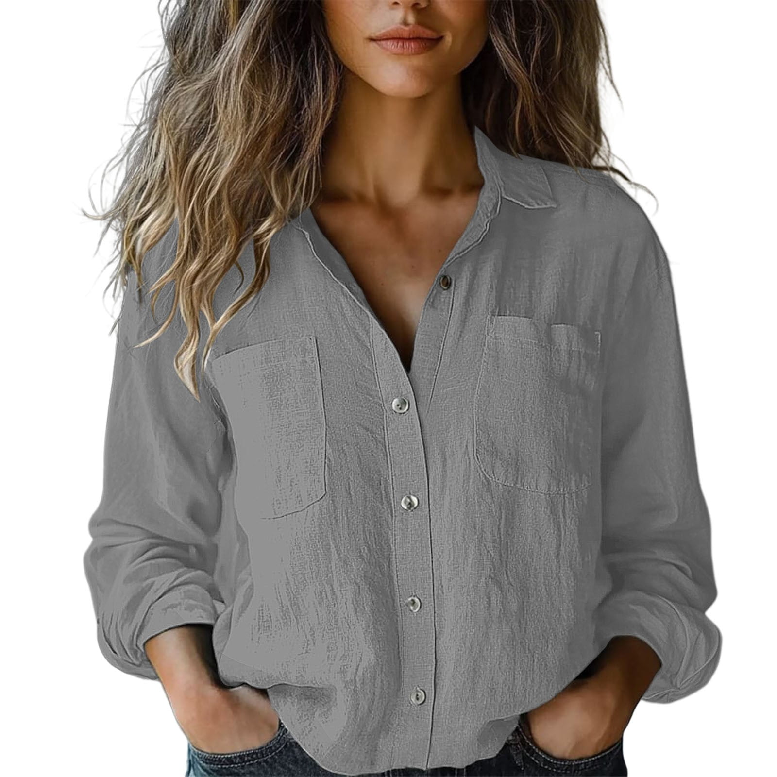 grey dress shirt women's ZHENHONG Button Down Shirts for Women,Cotton Linen Collared Button Down  Shirt Long Sleeve Solid Color Loose Tops With Pockets,Gray Women Blouses