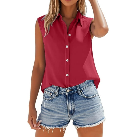 ZHENHONG Button Down Shirts for Women,Cotton Linen Shirts Sleeveless Collared Tops Oversized Button Up Casual Blouses Work Shirts,Red Women Blouses