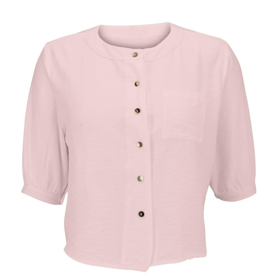 ZHENHONG Button Down Shirts for Women,Cotton Linen Solid Color Half Sleeve Pocket Tees Casual Versatile Slimming Button Up Shirt,Pink Women Blouses