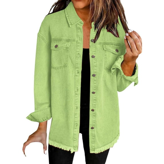 ZHENHONG Button Down Shirts for Women,Fashion Denim Button Down Blouse Solid Turn Down Collar Casual Pocket Tee Women's Jacket,Green Women Blouses