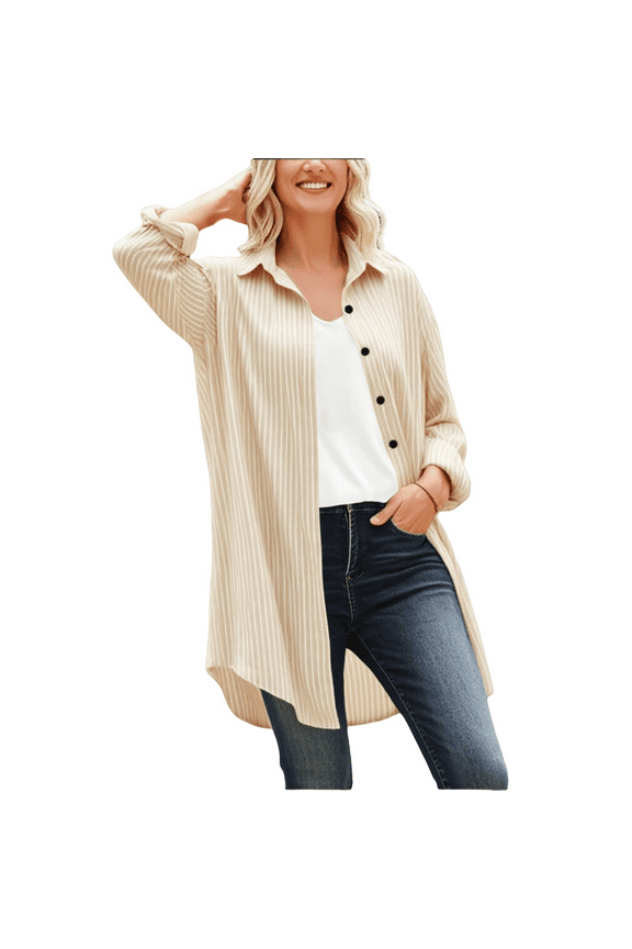 Button Down Shirts for Women,New Striped Rolled Sleeve Button Up Shirt Casual Loose Full Sleeved Collared Cocoon Shirt,Beige Women Blouses