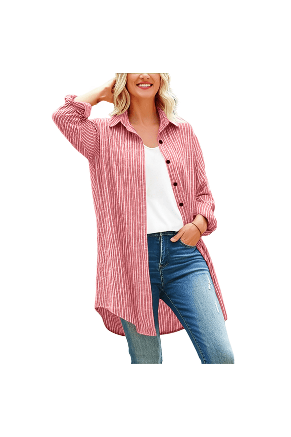 Button Down Shirts for Women,New Striped Rolled Sleeve Button Up Shirt Casual Loose Full Sleeved Collared Cocoon Shirt,Red Women Blouses