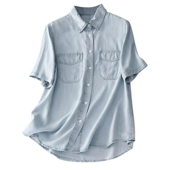 ZHENHONG Button Down Shirts for Women,Plain Short Sleeve Collared Pocket Tees Casual Loose Button Down Collar Shirt,Blue Women Blouses
