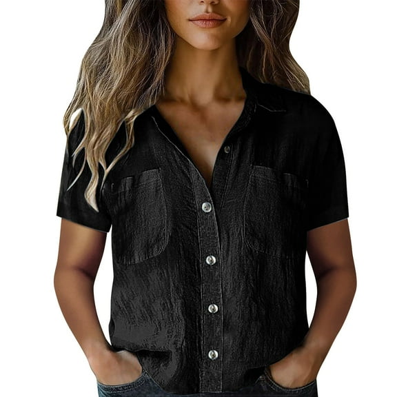 ZHENHONG Button Down Shirts for Women,Plain Vintage Short Sleeve Button Down Shirts Drop Shoulder Collared Pocket Tees,Black Women Blouses