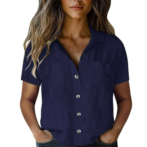 ZHENHONG Button Down Shirts for Women,Plain Vintage Short Sleeve Button Down Shirts Drop Shoulder Collared Pocket Tees,Blue Women Blouses