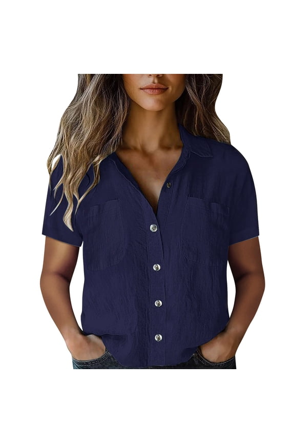 Button Down Shirts for Women,Plain Vintage Short Sleeve Button Down Shirts Drop Shoulder Collared Pocket Tees,Blue Women Blouses
