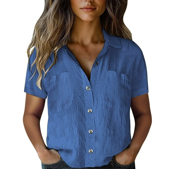 ZHENHONG Button Down Shirts for Women,Plain Vintage Short Sleeve Button Down Shirts Drop Shoulder Collared Pocket Tees,Blue Women Blouses
