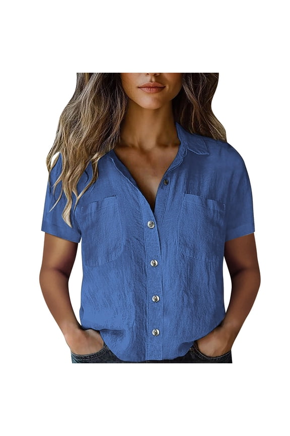 Button Down Shirts for Women,Plain Vintage Short Sleeve Button Down Shirts Drop Shoulder Collared Pocket Tees,Blue Women Blouses