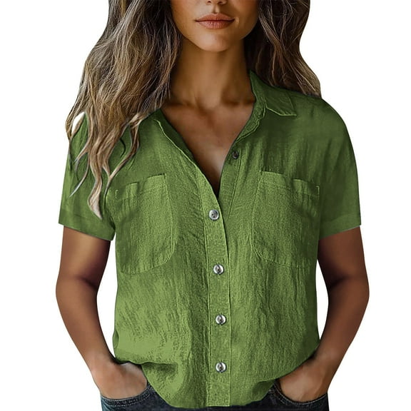 ZHENHONG Button Down Shirts for Women,Plain Vintage Short Sleeve Button Down Shirts Drop Shoulder Collared Pocket Tees,Green Women Blouses