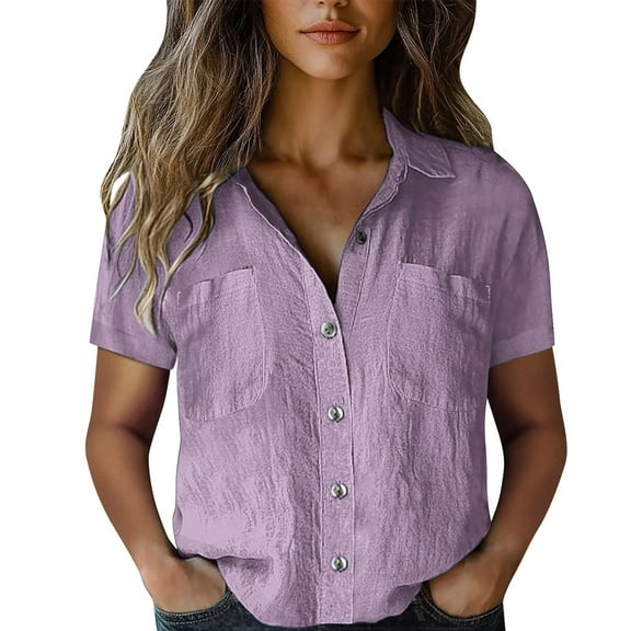 ZHENHONG Button Down Shirts for Women,Plain Vintage Short Sleeve Button Down Shirts Drop Shoulder Collared Pocket Tees,Purple Women Blouses