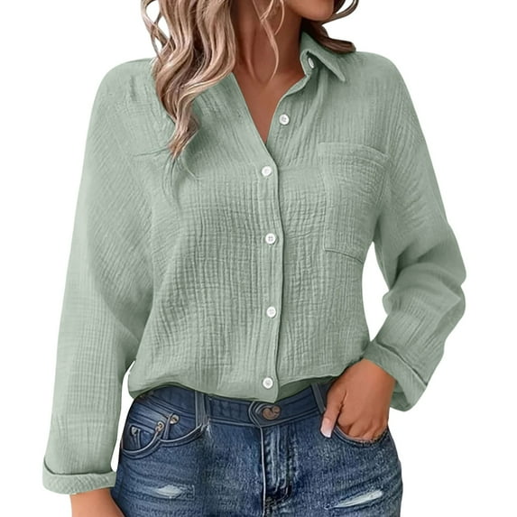 ZHENHONG Button Down Shirts for Women,Solid Color Cotton Linen Pleated Pocket Tees Loose Casual Full Sleeve Button Up Shirt,Green Women Blouses