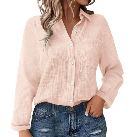 ZHENHONG Button Down Shirts for Women,Solid Color Cotton Linen Pleated Pocket Tees Loose Casual Full Sleeve Button Up Shirt,Pink Women Blouses