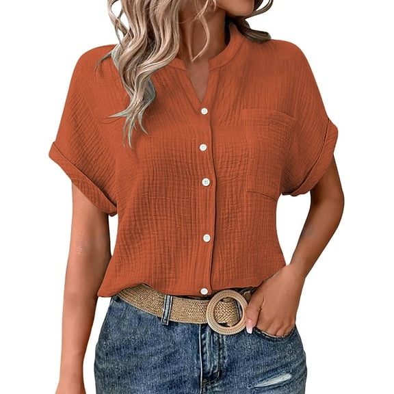ZHENHONG Button Down Shirts for Women,Solid Color Mock Neck Button Up Shirt Casual Drop Shoulder Batwing Sleeve Pocket Tees,Brown Women Blouses
