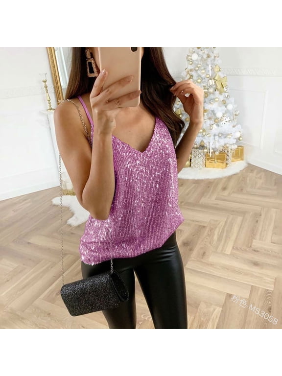 Camisole Tops for Women, Womens Glitter Strappy Tank Tops Ladies Swing Vest Clubwear Workout Tank Tops Woman