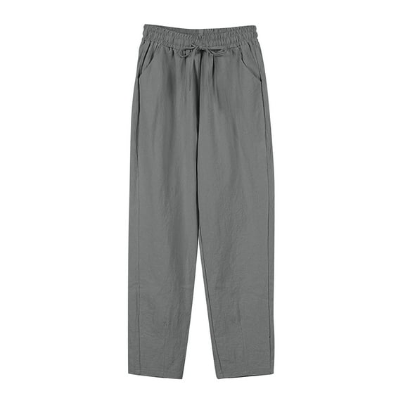 ZHENHONG Casual Pants for Women Women's Cotton Linen Straight Leg Pants Elastic Drawstring Casual Trousers With Pockets Summer Beach Pants