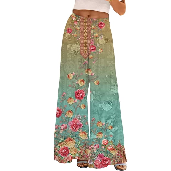 ZHENHONG Casual Pants for Women Womens Wide Leg Palazzo Pants Boho Floral 2025 Summer Beach Culottes Flowy Casual Trousers For Vacation