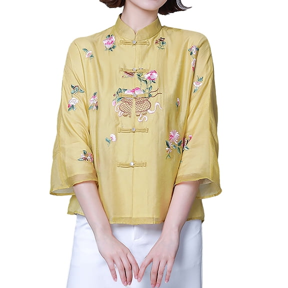 ZHENHONG Chiffon Blouses for Women, Women's Spring/Summer Retro Chinese Embroidery Improvement Hanfu Tang Dress Top Ancient Chinese Tea Dress Going Out Tops