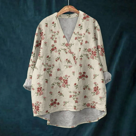 ZHENHONG Cotton Linen Shirts For Women V Neck Long Sleeve Tops Summer Trendy Blouses Casual Loose Tunic Tops