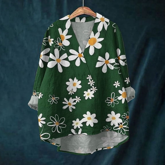 ZHENHONG Cotton Linen Shirts For Women V Neck Long Sleeve Tops Summer Trendy Blouses Casual Loose Tunic Tops