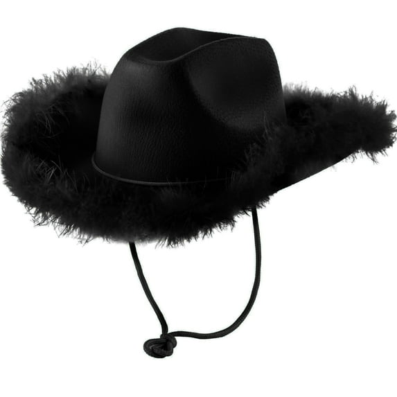 ZHENHONG Cowboy Hats for Women Hat With Fluffy Feather Wide Brim Party Dress Hat Casual Solid Color Headwear Black