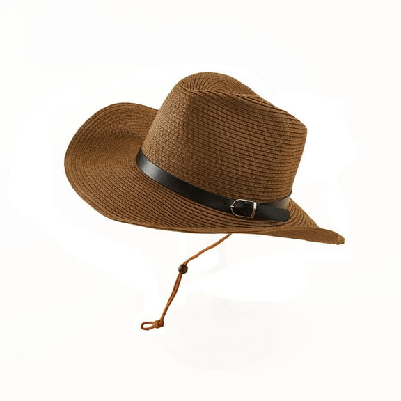ZHENHONG Cowboy Hats for Women Leather Belt Decorated Holiday Cowboy Sunhat Elegant Straw Hat Casual SolidHeadwear Coffee