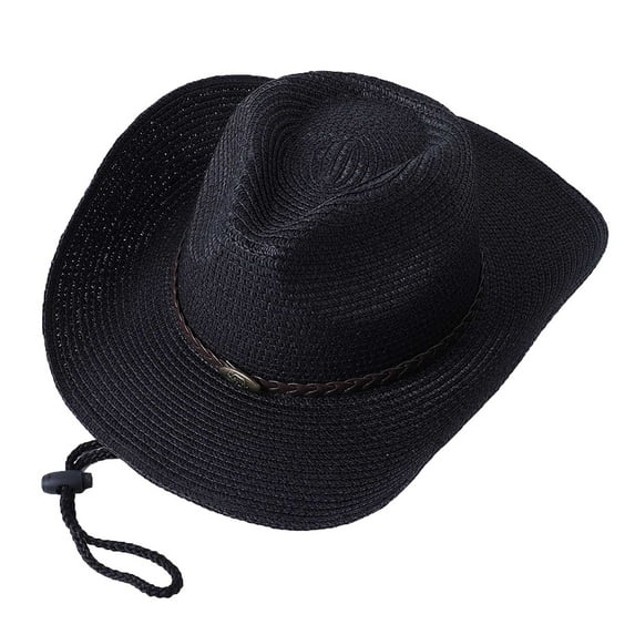 ZHENHONG Cowboy Hats for Women and Men Ribbon Straw Hat Breathable Sunshade Hat Casual Solid Color Headwear Black