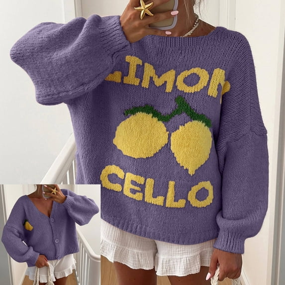 ZHENHONG Crew Cardigans Womens, Women Limon Printed Cardigan Sweater Fall V Neck Button Down Drop Shoulder Knit Sweater Aesthetic OutwearCardigans for Women