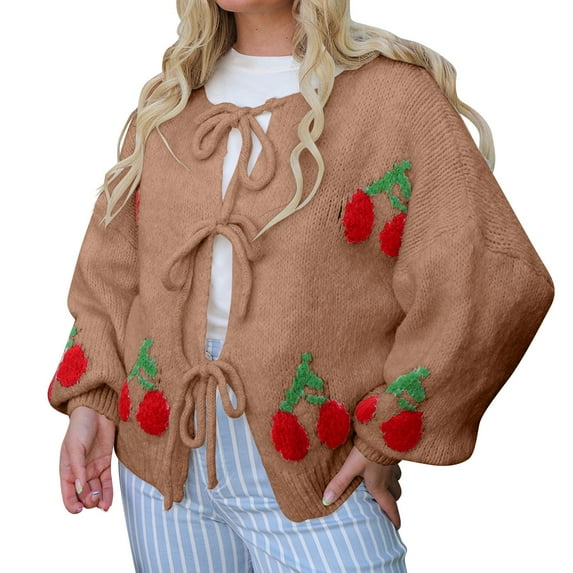ZHENHONG Crew Cardigans Womens, Women Tie Front Cherry Cardigan Sweater Oversized Chunky Knit Long Sleeve Trendy Fall Winter Sweater CardiganCardigans for Women