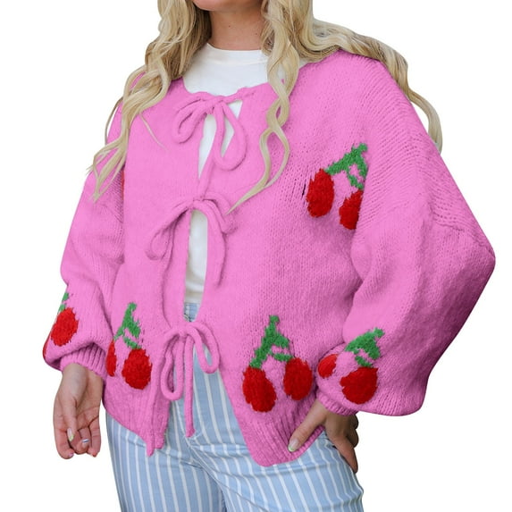 ZHENHONG Crew Cardigans Womens, Women Tie Front Cherry Cardigan Sweater Oversized Chunky Knit Long Sleeve Trendy Fall Winter Sweater CardiganCardigans for Women