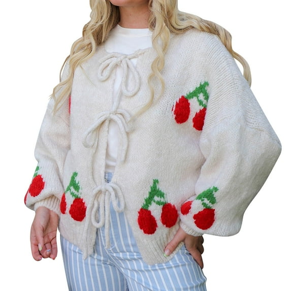ZHENHONG Crew Cardigans Womens, Women Tie Front Cherry Cardigan Sweater Oversized Chunky Knit Long Sleeve Trendy Fall Winter Sweater CardiganCardigans for Women