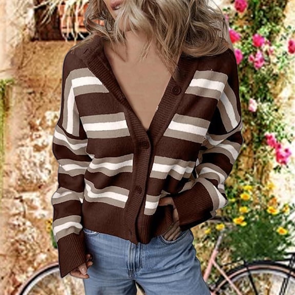 ZHENHONG Crew Cardigans Womens, Womens Cropped Striped Knit Cardigans Sweaters Trendy Long Sleeve Lightweight Open Front Button OutfitsCardigans for Women