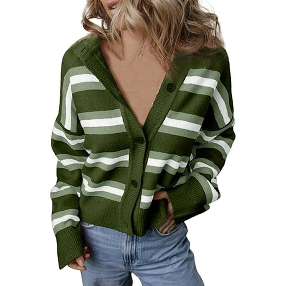 ZHENHONG Crew Cardigans Womens, Womens Cropped Striped Knit Cardigans Sweaters Trendy Long Sleeve Lightweight Open Front Button OutfitsCardigans for Women