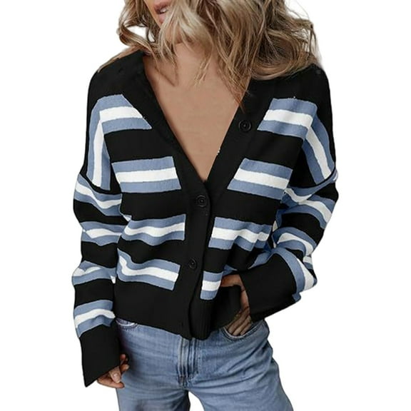 ZHENHONG Crew Cardigans Womens, Womens Cropped Striped Knit Cardigans Sweaters Trendy Long Sleeve Lightweight Open Front Button OutfitsCardigans for Women