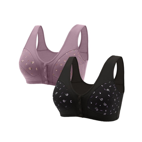 ZHENHONG Daisy Bras for Women 2 Pack New Comfortable Front Closure Button Bra Cotton Bras for Older Women Multicolor L