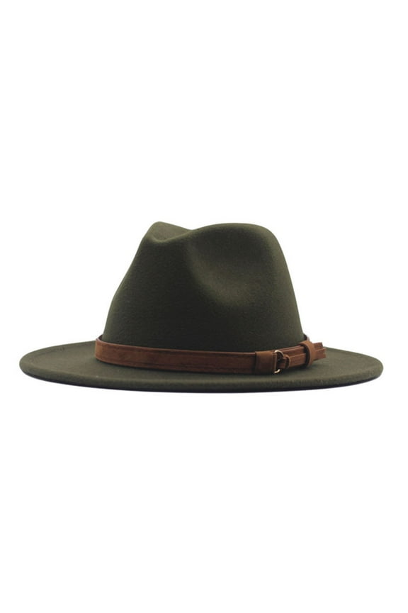 Fedora Hats for Women Classic Floppy Panama Hat with Belt Buckle Wool Jazz Hat Casual Solid Headwear Army Green