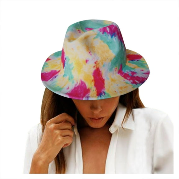 ZHENHONG Fedora Hats for Women and Men Tie-Dye Printed Wide Brim Jazz Hat for Dance Concert Casual Cozy Headwear Blue