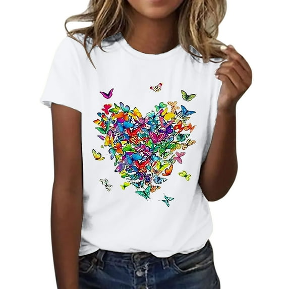 ZHENHONG Graphic Tees for Women, Women's Love Butterfly Printed Shirt Short Sleeve Crew Neck T Shirt Lightweight Soft Casual Summer Clothes Going Out Tops