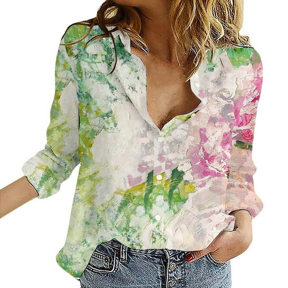 ZHENHONG Graphic Tees for Women, Women's Shirts Floral Print Button Down Shirt Fashion Lightweight Long Sleeve Blouse Spring Summer Casual Tops Going Out Tops